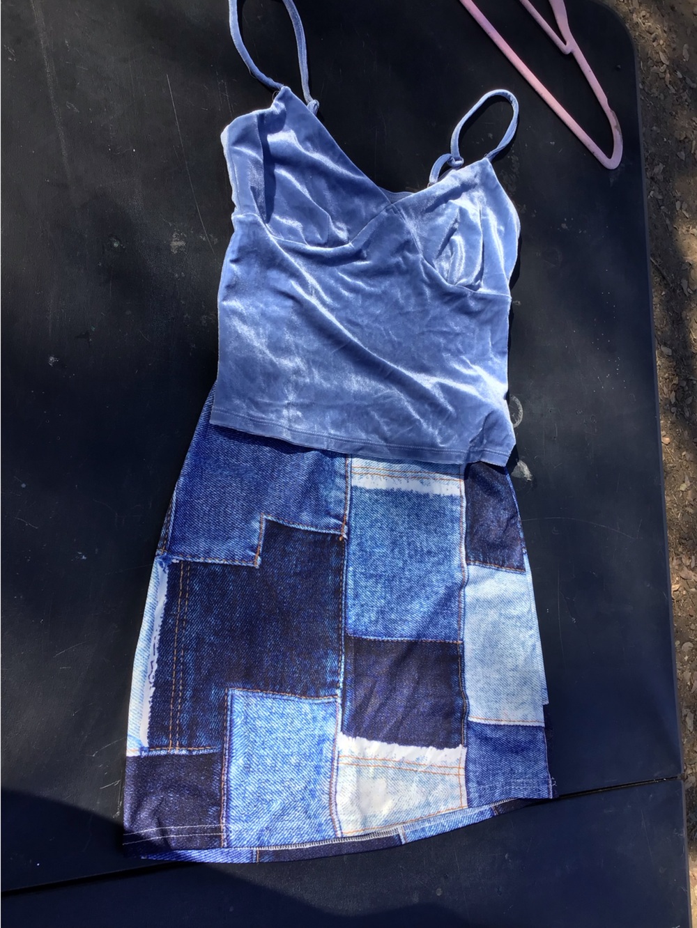 wild fable Blue Velvet Cami Tank Top with Patchwork Denim Skirt Set